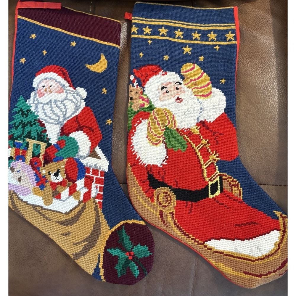 Vintage Christmas Needlepoint Set Lot of‎ 2 Of Santa Claus Reindeer Stockings
